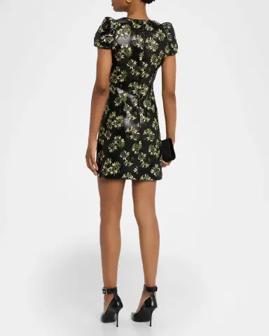 McQueen Lacquered Sunflower Jacquard Puff-Sleeve Mini Dress | Thumbnail 2