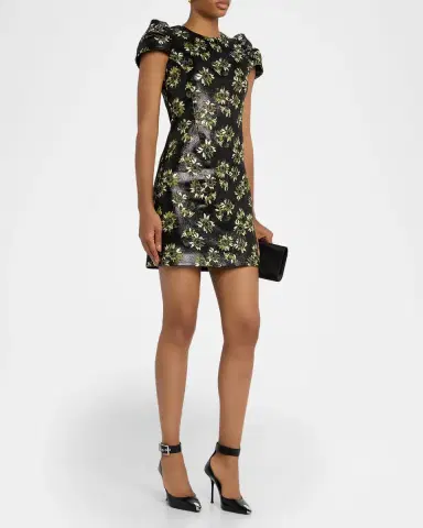 McQueen Lacquered Sunflower Jacquard Puff-Sleeve Mini Dress | Thumbnail 3