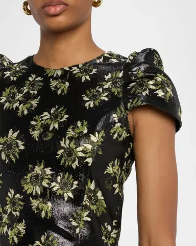 McQueen Lacquered Sunflower Jacquard Puff-Sleeve Mini Dress | Thumbnail 4