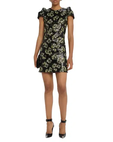McQueen Lacquered Sunflower Jacquard Puff-Sleeve Mini Dress | Thumbnail 1