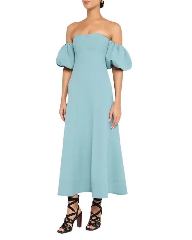Nina Puff-Sleeve Off-The-Shoulder Midi Dress