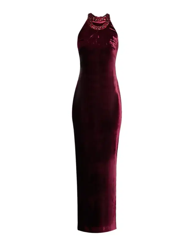 Crystal Halter Velvet Maxi Dress