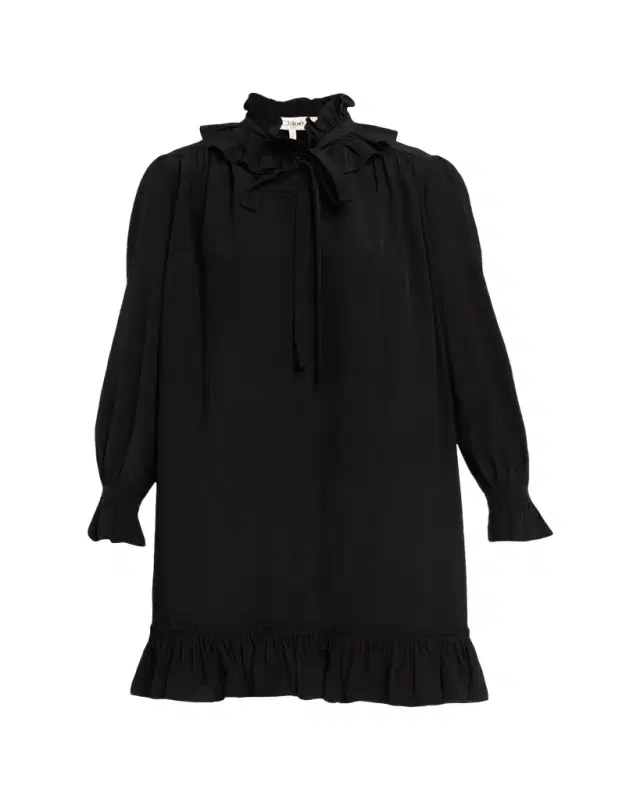 Ruffle Neck-Tie Silk Mini Shirtdress