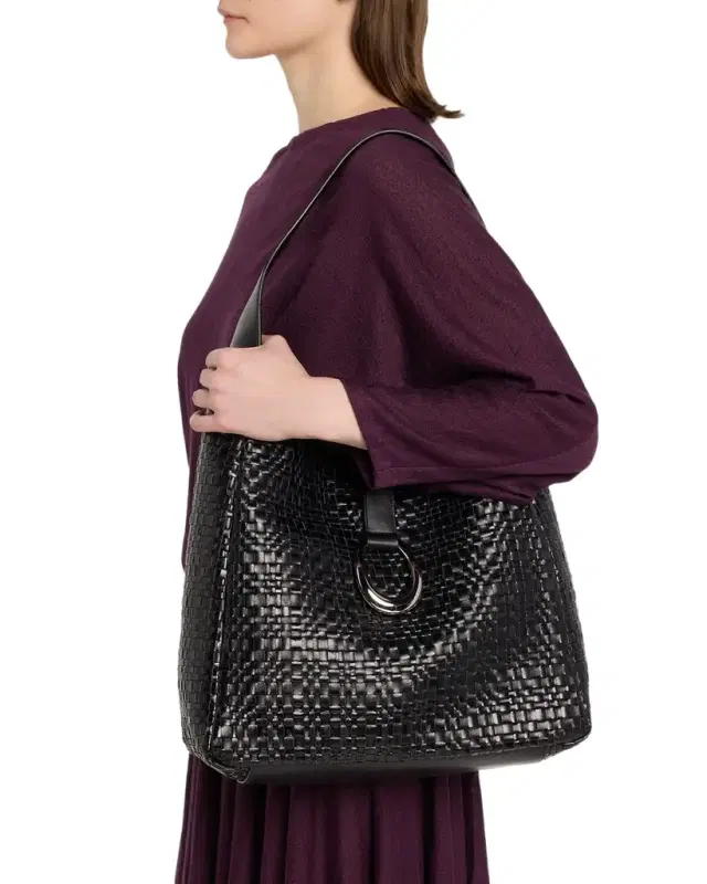 Maya Moon Buckle Woven Leather Hobo Bag