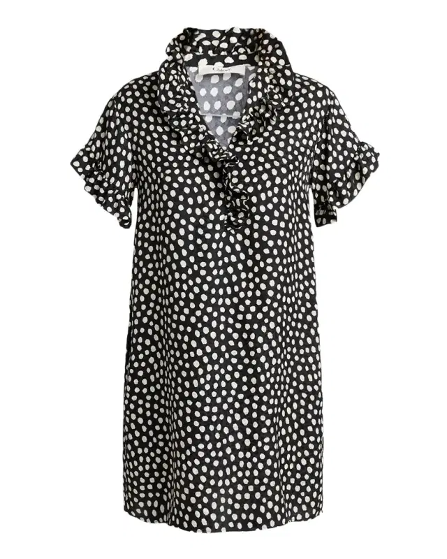 Dots Silk Jacquard Ruffle Short-Sleeve Mini Dress