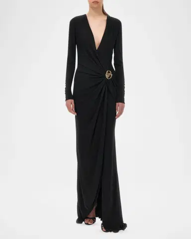Roberto Cavalli Plunging Draped Crepe Jersey Long-Sleeve Gown | Thumbnail 2