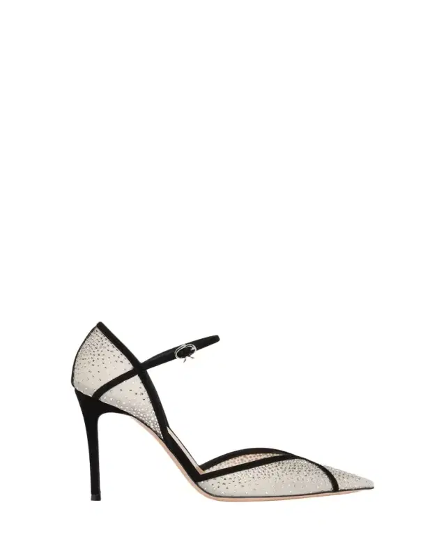 95mm Suede-Trimmed Crystal-Embellished Mesh Pumps