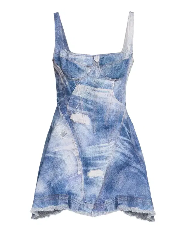 Patchwork-Print Denim Bustier Mini Dress