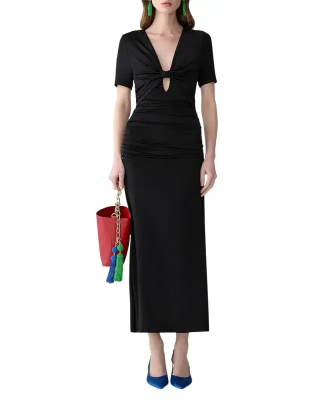 Elbow-Sleeve Ruched Maxi Dress