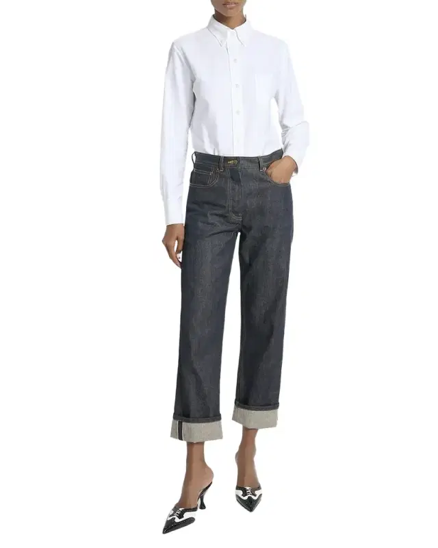 Back-Strap Straight-Leg Cuffed Crop Jeans
