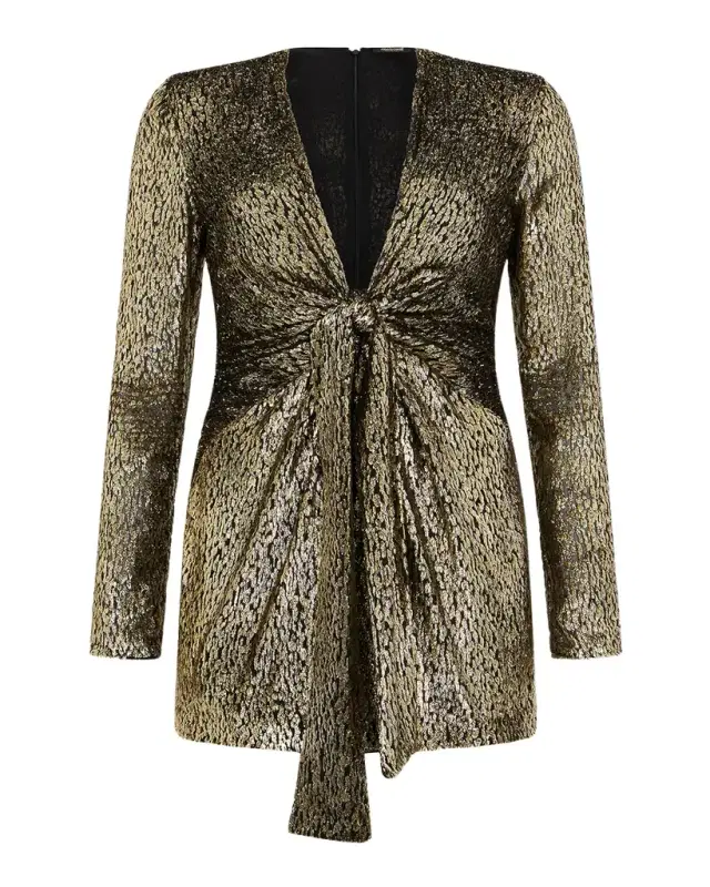 Knotted Metallic Velvet Jacquard Long-Sleeve Mini Dress