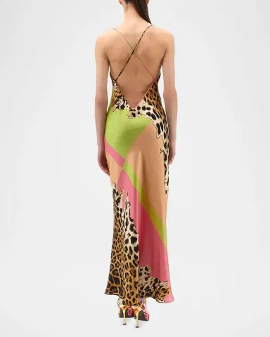 Roberto Cavalli Colorblock Jaguar-Print Silk Maxi Slip Dress | Thumbnail 2 Roberto Cavalli Colorblock Jaguar-Print Silk Maxi Slip Dress | Thumbnail 2