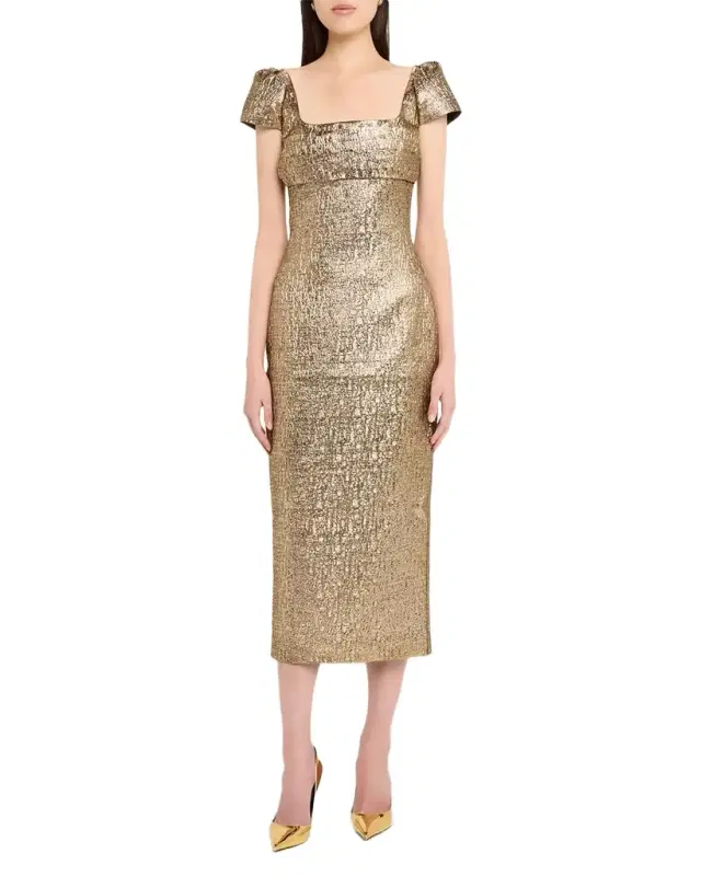 Pleated Drape Metallic Midi Dress