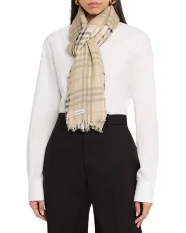 Burberry Wide EKD Check Wool Silk Scarf | Thumbnail 1 Burberry Wide EKD Check Wool Silk Scarf | Thumbnail 1