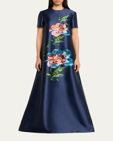 Reem Acra Floral-Print Satin Faille Long Kaftan Gown | Thumbnail 2