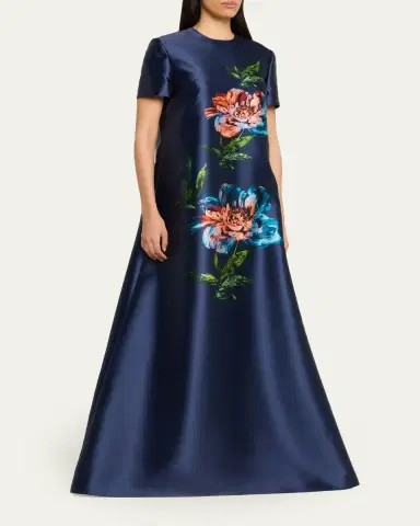Reem Acra Floral-Print Satin Faille Long Kaftan Gown | Thumbnail 4
