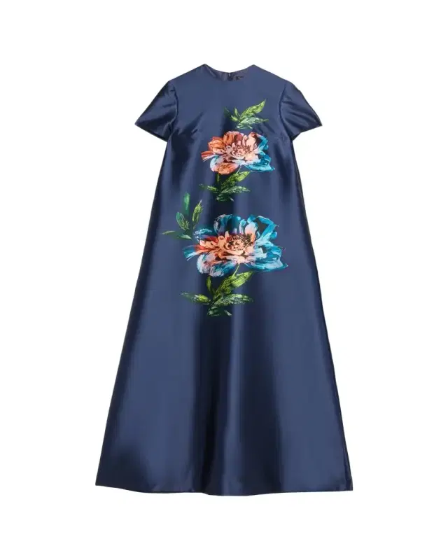 Reem Acra Floral-Print Satin Faille Long Kaftan Gown