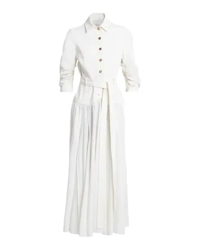 Delyth Ruched-Sleeve Belted Midi Shirtdress