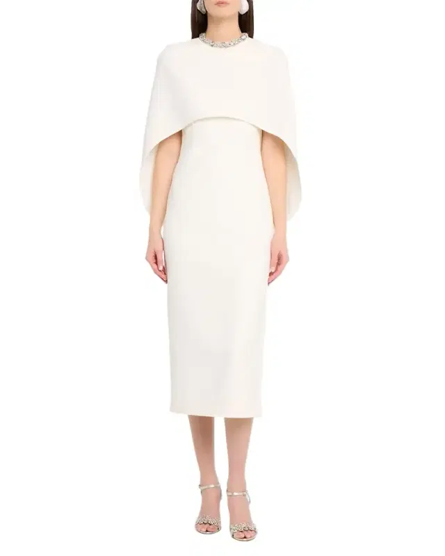 Crystal-Neck Capelet Midi Sheath Dress