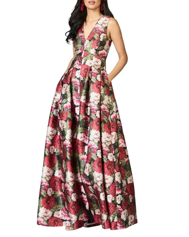 Sachin & Babi Brooke Pleated Floral-Print Mikado Gown
