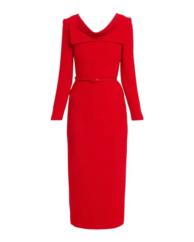 Square-Neck Belted Long-Sleeve Midi Dress