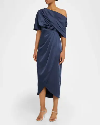 Theia Rayna Draped One-Shoulder Satin Midi Dress | Thumbnail 3
