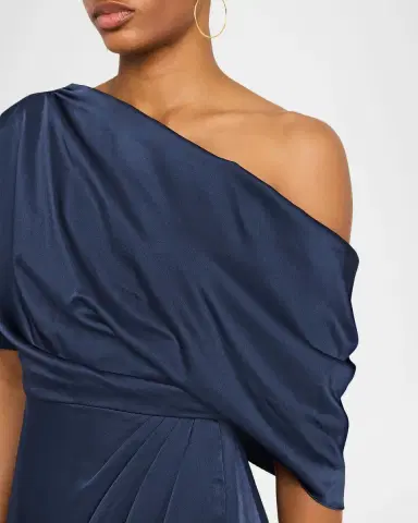 Theia Rayna Draped One-Shoulder Satin Midi Dress | Thumbnail 4