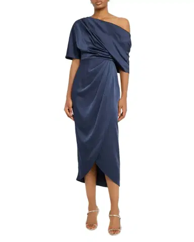 Theia Rayna Draped One-Shoulder Satin Midi Dress | Thumbnail 1