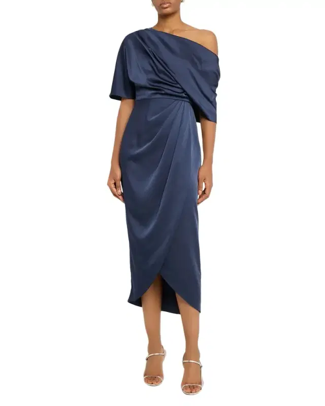 Theia Rayna Draped One-Shoulder Satin Midi Dress