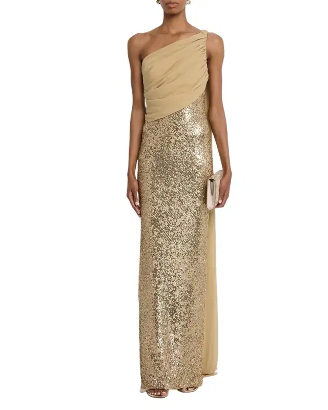 Pamella Roland Draped Chiffon One-Shoulder Sequined Gown
