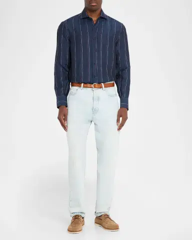 Brunello Cucinelli Men's Linen and Cotton Stripe Sport Shirt | Thumbnail 2 Brunello Cucinelli Men's Linen and Cotton Stripe Sport Shirt | Thumbnail 2