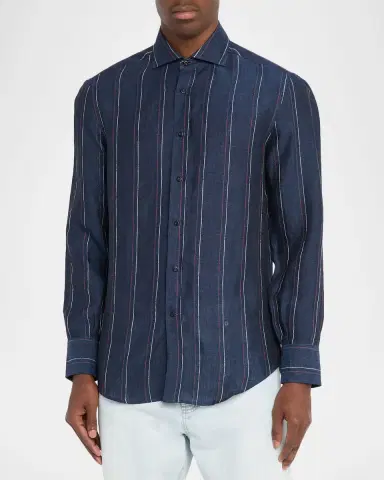 Brunello Cucinelli Men's Linen and Cotton Stripe Sport Shirt | Thumbnail 4 Brunello Cucinelli Men's Linen and Cotton Stripe Sport Shirt | Thumbnail 4