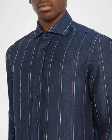 Brunello Cucinelli Men's Linen and Cotton Stripe Sport Shirt | Thumbnail 5 Brunello Cucinelli Men's Linen and Cotton Stripe Sport Shirt | Thumbnail 5