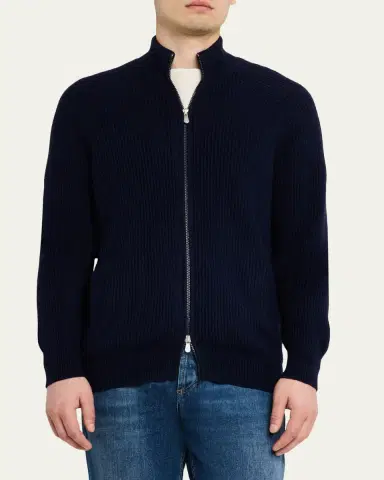 Brunello Cucinelli Men's Cotton Rib Full-Zip Cardigan | Thumbnail 9 Brunello Cucinelli Men's Cotton Rib Full-Zip Cardigan | Thumbnail 9