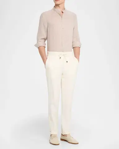 Brunello Cucinelli Men's Linen and Cotton Band Collar Button-Down Shirt | Thumbnail 10 Brunello Cucinelli Men's Linen and Cotton Band Collar Button-Down Shirt | Thumbnail 10