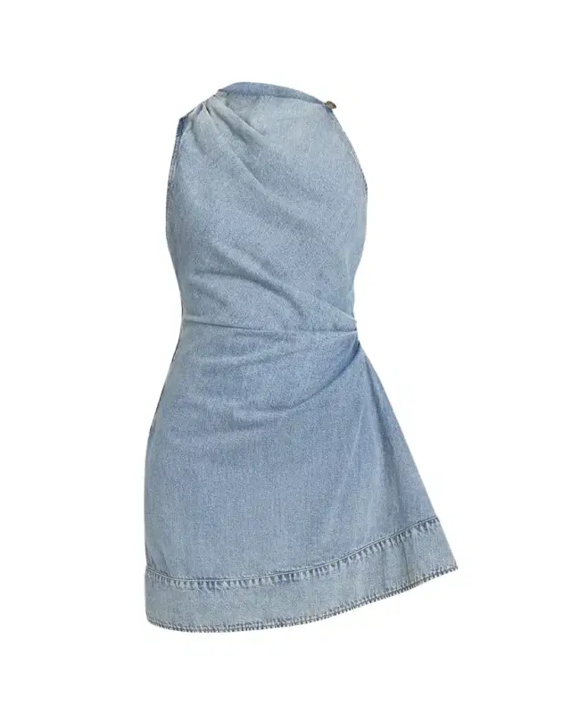 Pleated Denim Halter Mini Dress