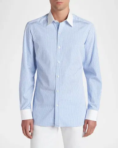 Tom Ford Men's Bengal Stripe Cotton Contrast-Trim Sport Shirt | Thumbnail 3