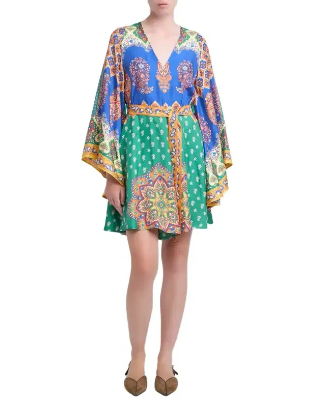 Paisley Silk Belted V-Neck Mini Dress