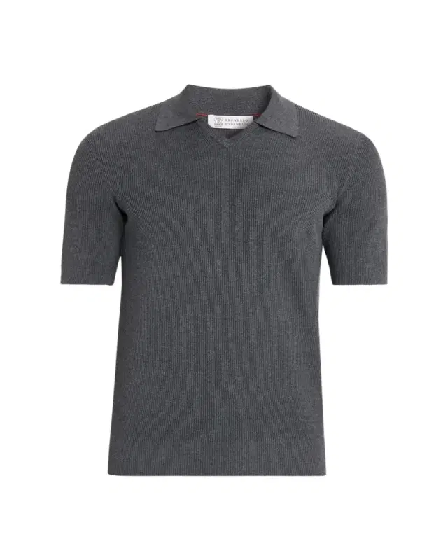 Brunello Cucinelli Men's Cotton Rib Johnny Collar Polo Sweater