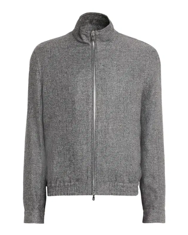 Men 's Silk, Linen and Wool Hopsack Stand Collar Jacket