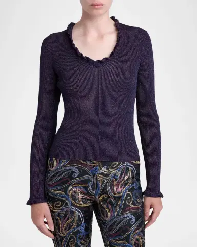 Etro Metallic Ruffle Rib-Knit V-Neck Top | Thumbnail 3 Etro Metallic Ruffle Rib-Knit V-Neck Top | Thumbnail 3