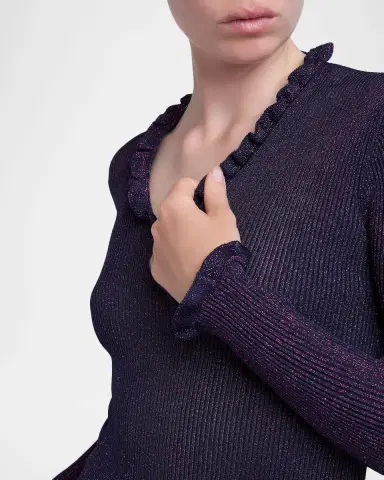 Etro Metallic Ruffle Rib-Knit V-Neck Top | Thumbnail 4 Etro Metallic Ruffle Rib-Knit V-Neck Top | Thumbnail 4