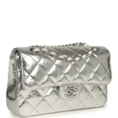Chanel Pre-owned Chanel Small Classic Double Flap Silver Hammered Metallic Calfskin Silver Hardware | Thumbnail 2 Chanel Pre-owned Chanel Small Classic Double Flap Silver Hammered Metallic Calfskin Silver Hardware | Thumbnail 2