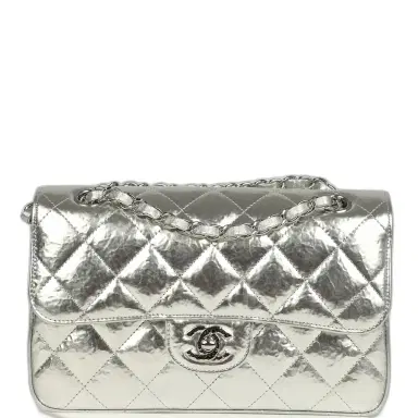 Chanel Pre-owned Chanel Small Classic Double Flap Silver Hammered Metallic Calfskin Silver Hardware | Thumbnail 1 Chanel Pre-owned Chanel Small Classic Double Flap Silver Hammered Metallic Calfskin Silver Hardware | Thumbnail 1