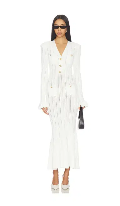 Self-Portrait White Pointelle Knit Midi Dress | Thumbnail 1 Self-Portrait White Pointelle Knit Midi Dress | Thumbnail 1