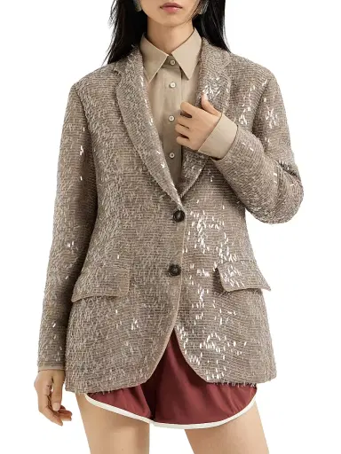 Brunello Cucinelli Women's Dazzling Cascade Embroidery Blazer in Crispy Silk - Rope | Thumbnail 2