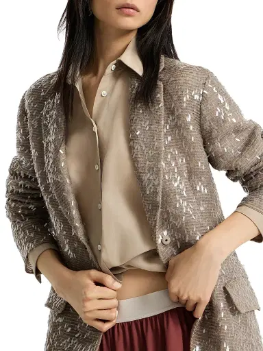 Brunello Cucinelli Women's Dazzling Cascade Embroidery Blazer in Crispy Silk - Rope | Thumbnail 4