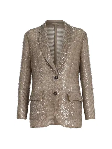 Brunello Cucinelli Women's Dazzling Cascade Embroidery Blazer in Crispy Silk - Rope | Thumbnail 1