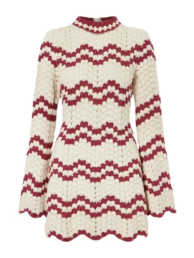 Romy Scalloped Striped Crocheted Cotton Mini Dress