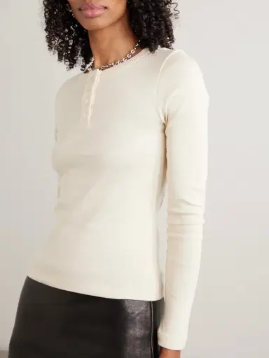 FLORE FLORE Jess Ribbed Organic Cotton-jersey Henley Top | Thumbnail 3 FLORE FLORE Jess Ribbed Organic Cotton-jersey Henley Top | Thumbnail 3